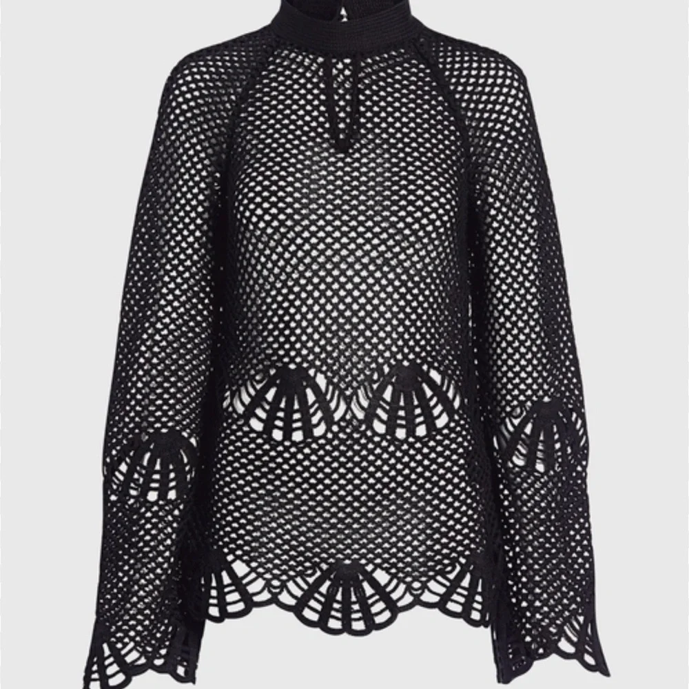 SELF-PORTRAIT Sheer Crochet Lace High Neck Black Sweater Top